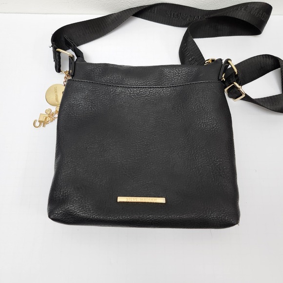 Steve Madden Embossed Logo Black Crossbody‎ Bag 9"x8" Gold Hardware - Picture 8 of 13